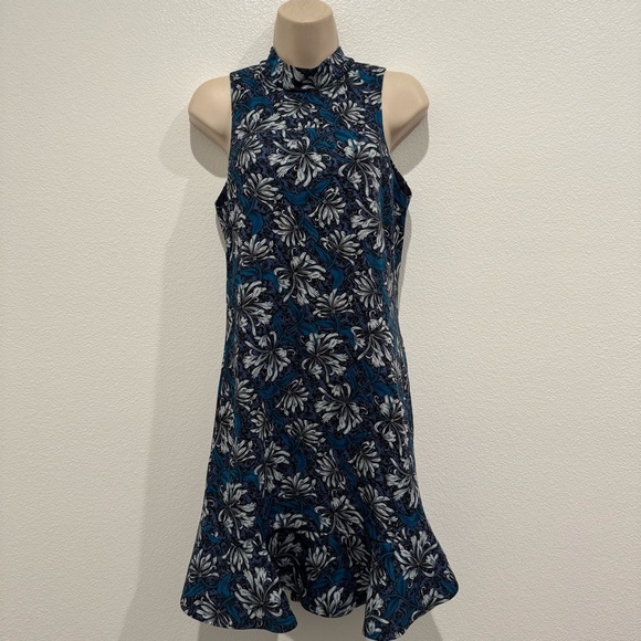 Rebecca Taylor Floral Mini Dress 4 Mystic Blue Mock Neck Sleeveless Ruffle Hem - Picture 3 of 12